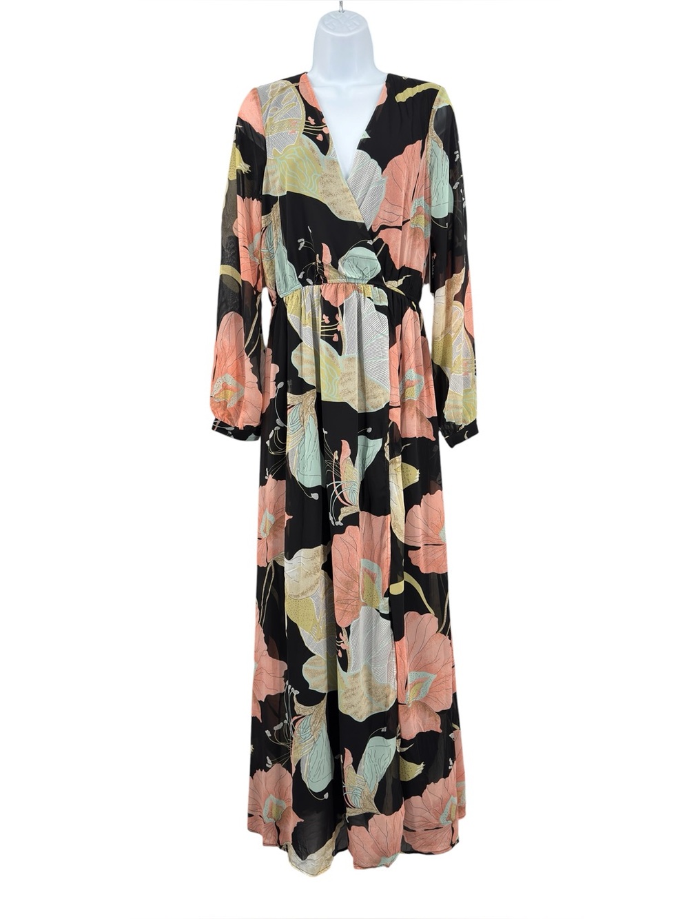 Lulus Wondrous Water Lilies Black Floral Print Chiffon Maxi Dress Size M